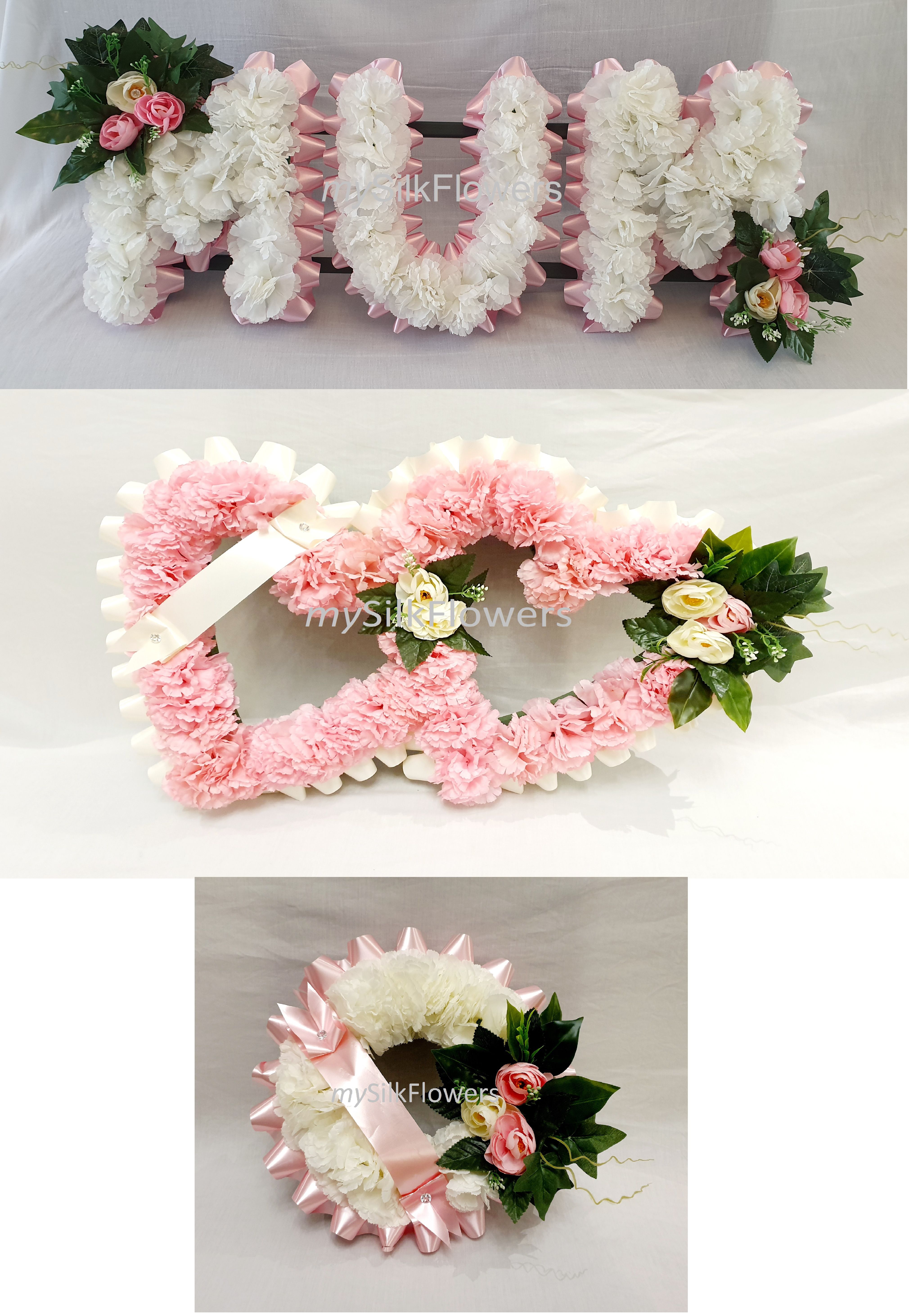 MUM Artificial Silk Funeral Flowers Tribute Package Name Wreath Heart